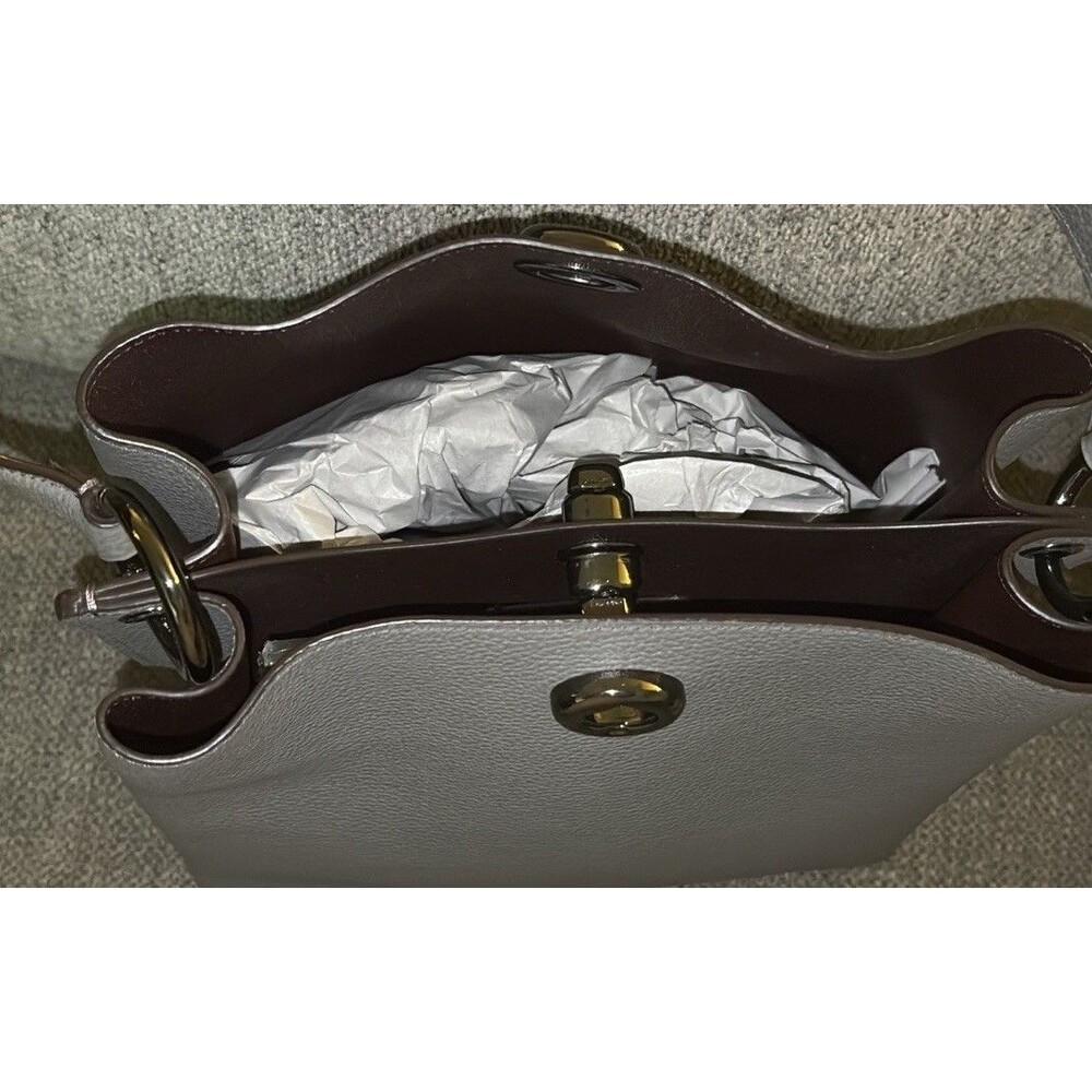 COACH Polished Pebble Leather Charlie Bucket Bag Grey Crossbody Purse Designer - Picture 5 of 13